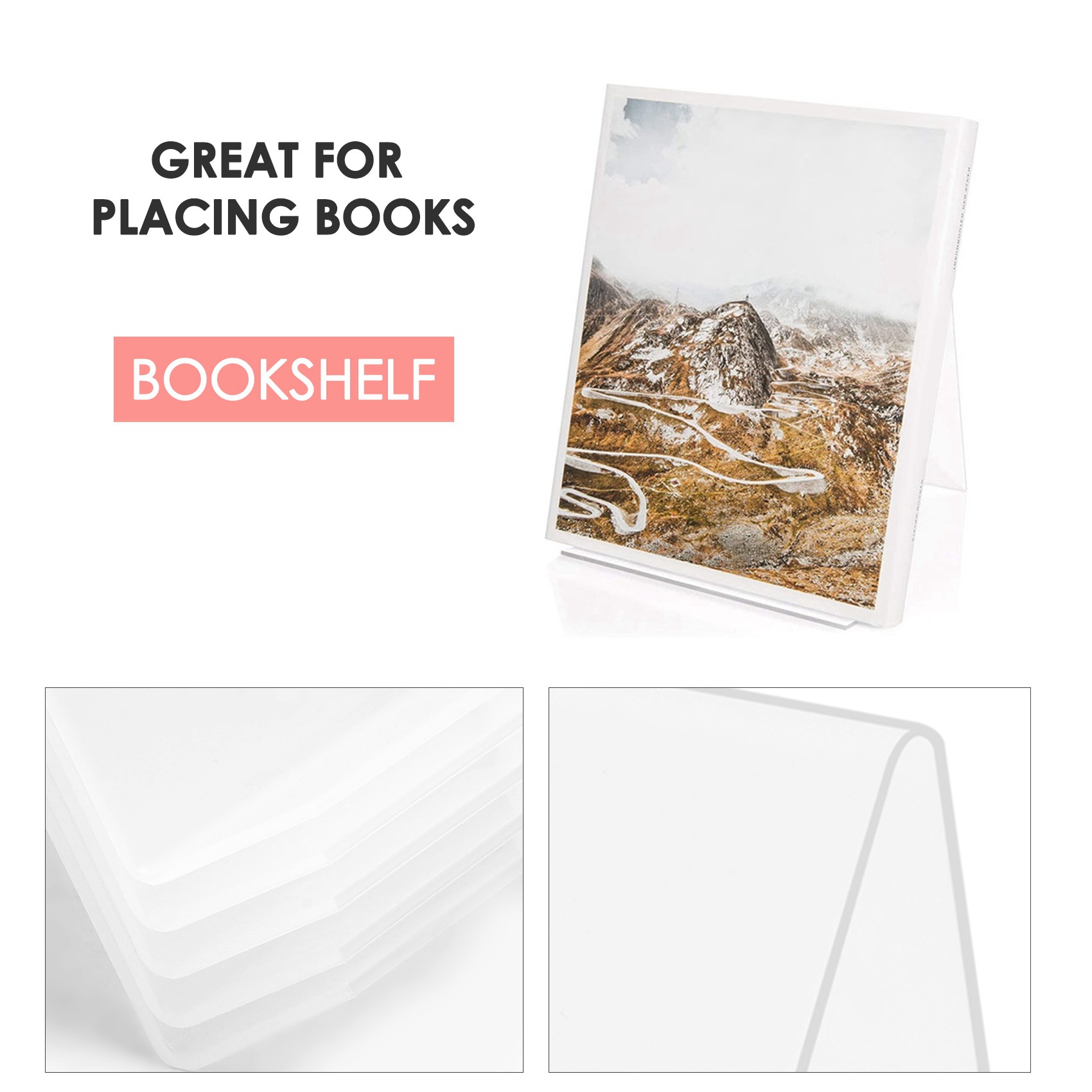 Clear Acrylic Book Stand Holder - COFA แท่นวางหนังสืออะคริลิกพร้อมขอบวางของ, ขาตั้งโชว์อะคริลิกใส, ที่วางแท็บเล็ตใสสำหรับหนังสือ, งานศิลปะ
