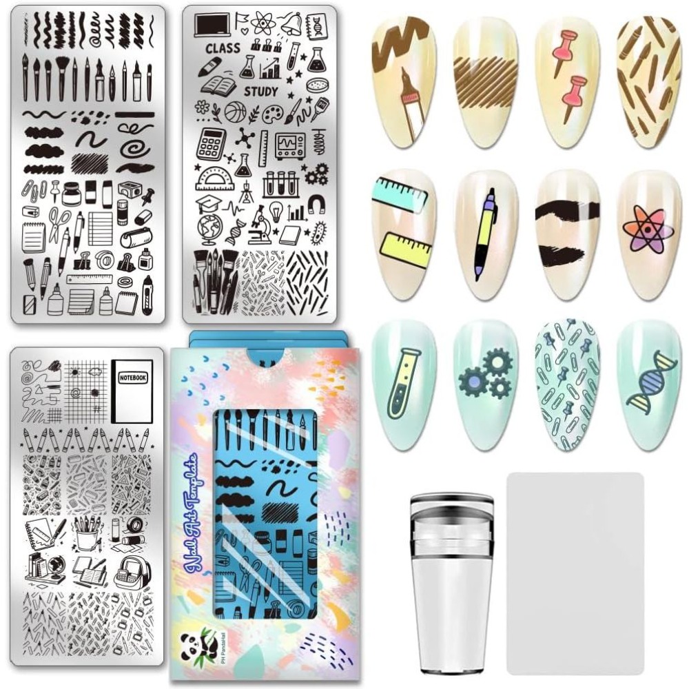 Stationery Books - แผ่นปั๊มลายเล็บ 3 ชิ้น พร้อมปากกา ไม้บรรทัด แผ่นลายศิลปะเล็บ