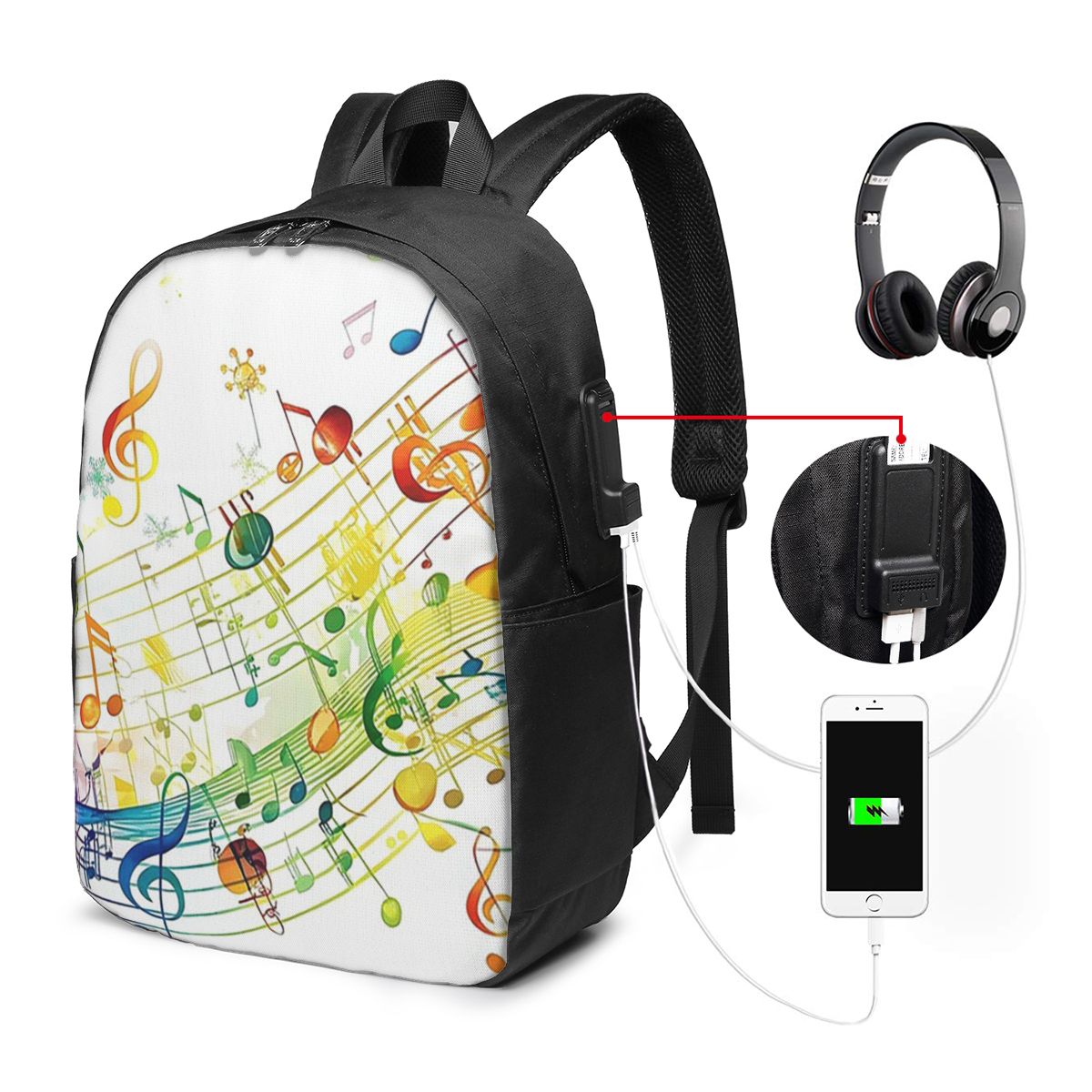 Music - กระเป๋าเป้สะพายหลังลายคีย์เปียโนพร้อมโน้ตดนตรี กระเป๋าใส่โน้ตบุ๊คสำหรับเดินทาง กระเป๋าใส่คอมพิวเตอร์สำหรับนักศึกษา กระเป๋านักเรียน กระเป๋าใส่แล็ปท็อป กระเป๋าสะพายไหล่