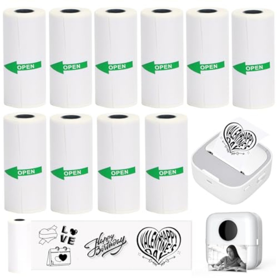 Mini Pocket Thermal Printer Paper Roll - กระดาษสติกเกอร์ความร้อน 10 ม้วนสำหรับเครื่องพิมพ์ขนาดเล็ก, กระดาษกาวในตัว 57 *