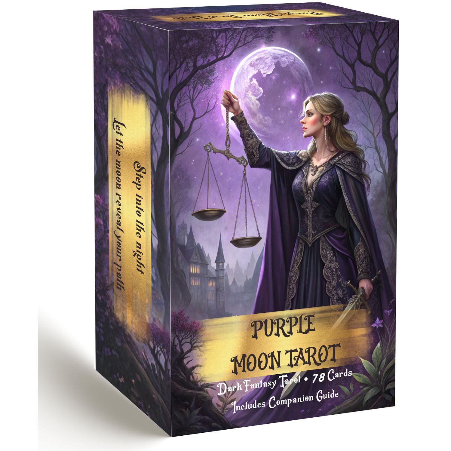 Tarot Deck With Guidebook - ชุดไพ่ทาโรต์มูนสีม่วงพร้อมคู่มือ, ชุดไพ่ทาโรต์แฟนตาซีสีเข้ม 78 ใบ, การทำนายดวงชะตาและการพยากรณ์ด้วยไพ่